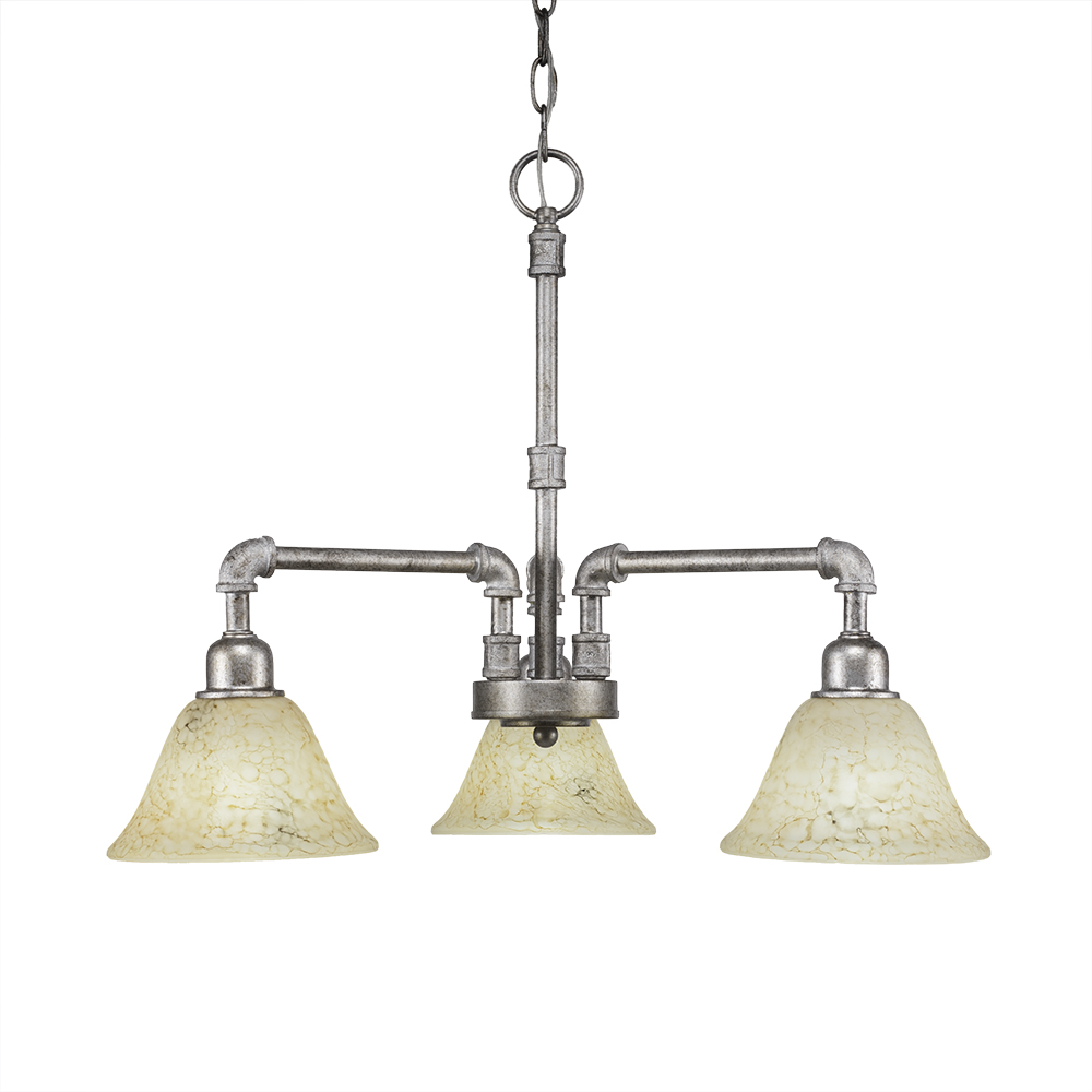 Toltec 283-AS-508 Vintage 3 Light Chandelier Shown In Aged Silver Finish With 7" Italian Marble Glass