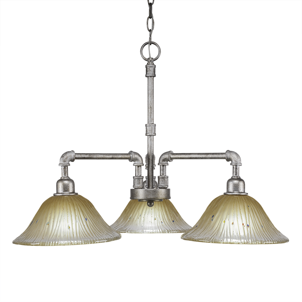 Toltec Lighting 283-AS-730 Vintage 3 Light Chandelier Shown In Aged Silver Finish With 10" Amber Crystal Glass