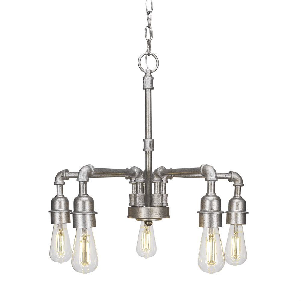 Toltec Lighting 285-AS-LED18C Vintage 5 Light Chandelier Shown In Aged Silver Finish With Clear Antique LED Bulb