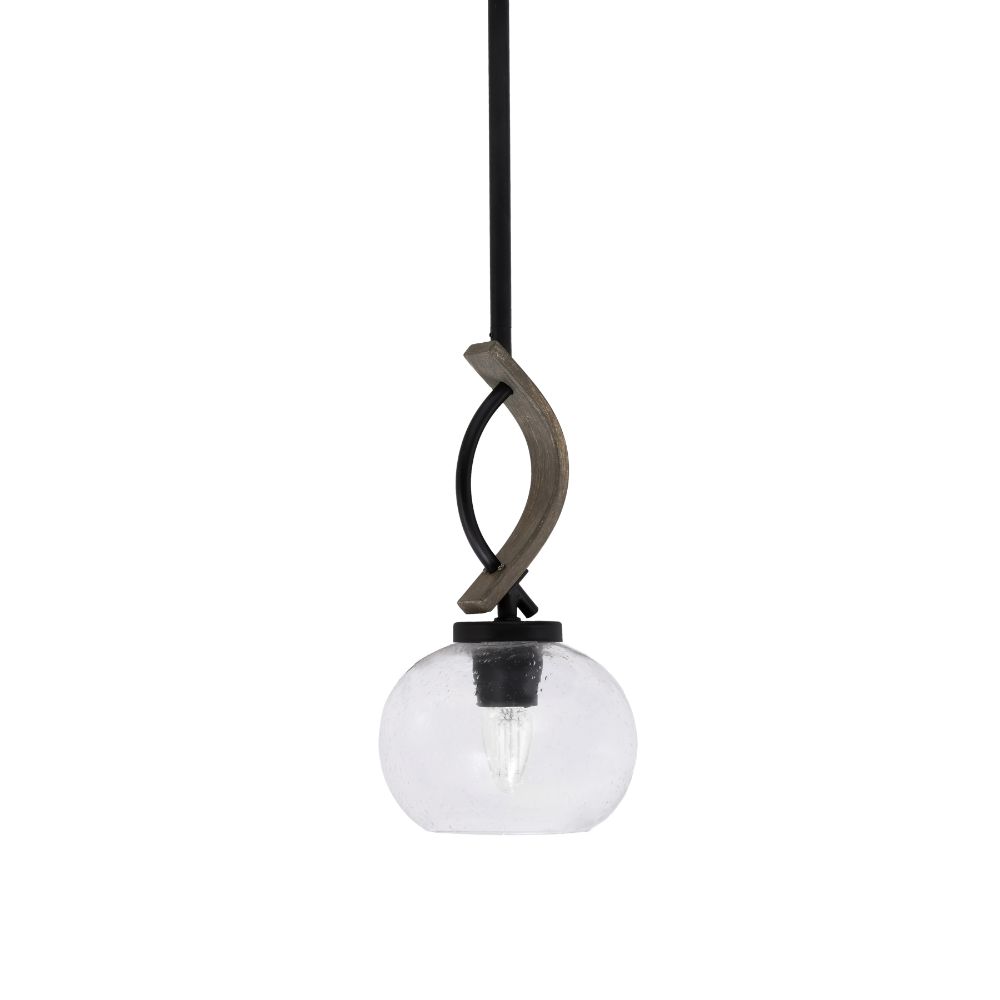 Toltec 2901-MBDW-202 Monterey 1 Light Mini Pendant Shown In Matte Black & Painted Distressed Wood-look Metal Finish With 7" Clear Bubble Glass