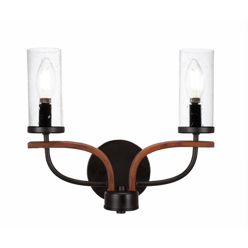Toltec Lighting 2912-MBWG-800 Monterey 2 Light Bath Bar Shown In Matte Black & Painted Wood-look Metal Finish With 2.5” Clear Bubble Glass