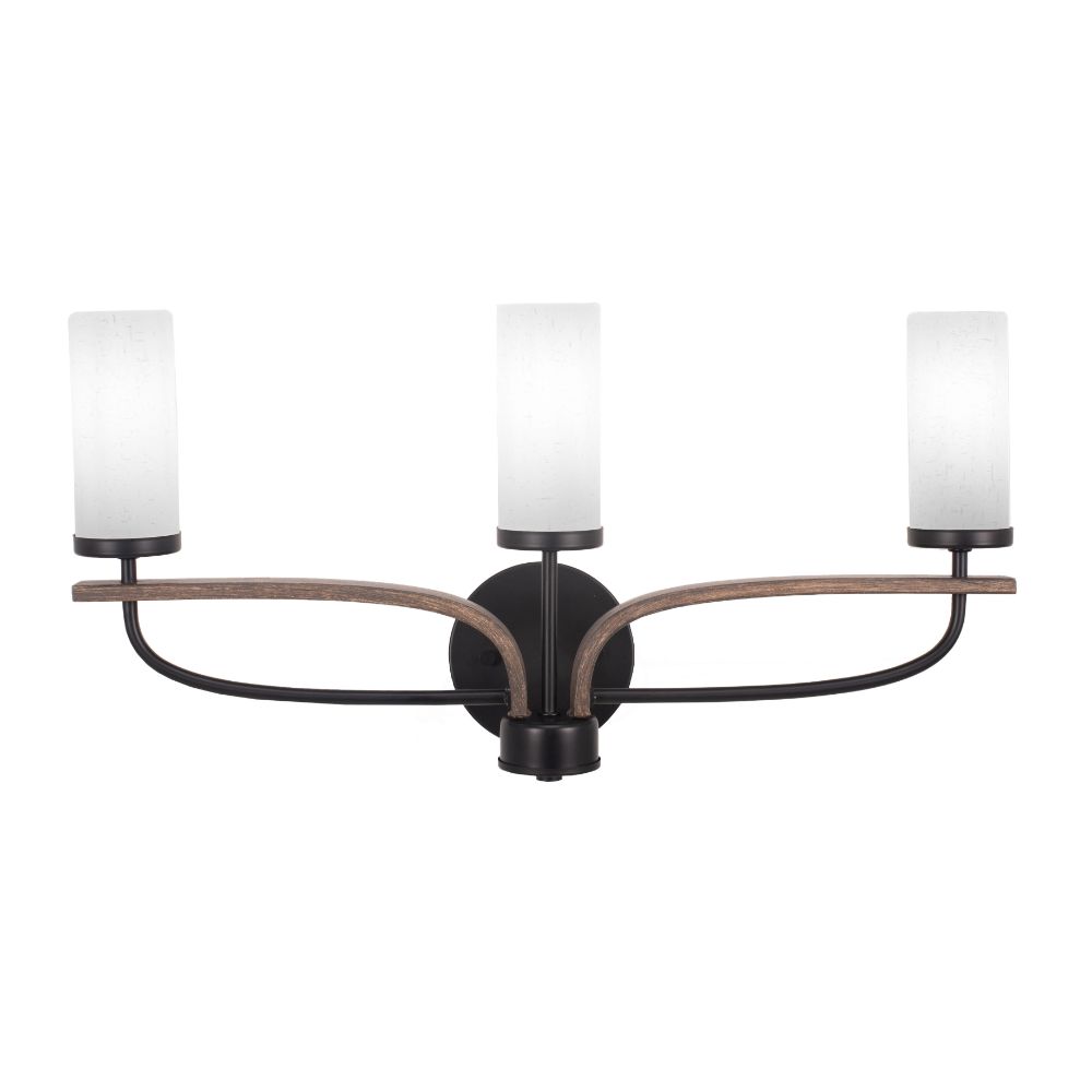 Toltec Lighting 2913-MBDW-801 Monterey 3 Light Bath Bar Shown In Matte Black & Painted Distressed Wood-look Metal Finish With 2.5” White Muslin Glass