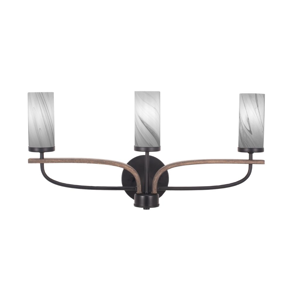 Toltec Lighting 2913-MBDW-802 Monterey 3 Light Bath Bar Shown In Matte Black & Painted Distressed Wood-look Metal Finish With 2.5” Onyx Swirl Glass
