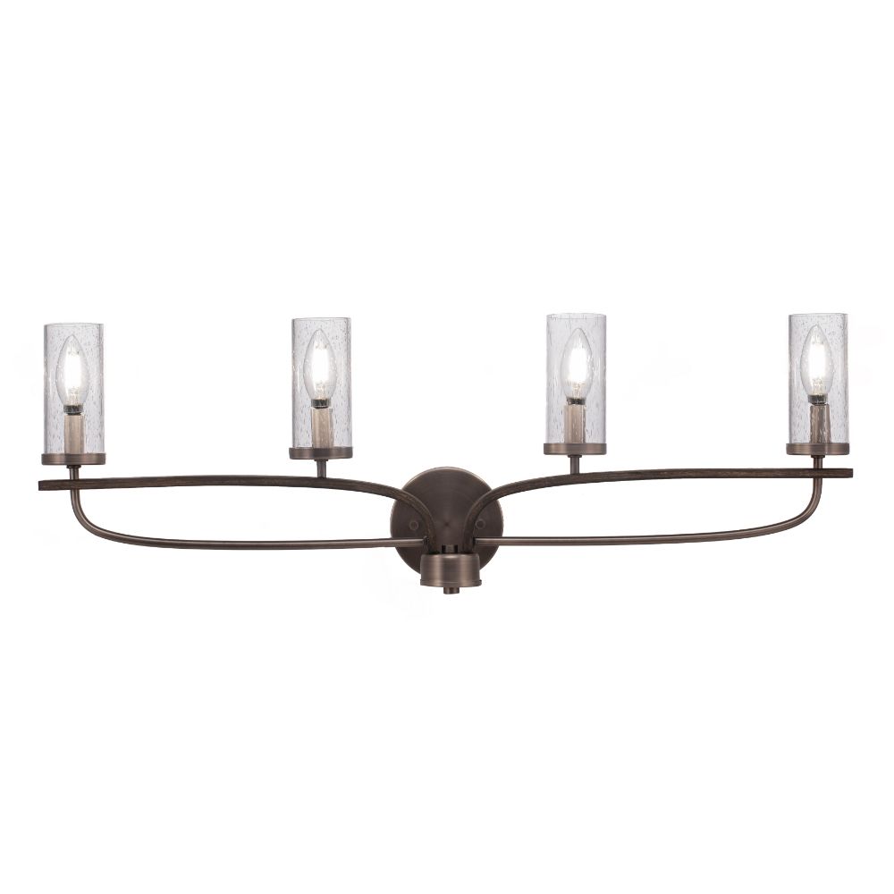 Toltec Lighting 2914-GPDW-800 Monterey 4 Light Bath Bar Shown In Graphite & Painted Distressed Wood-look Metal Finish With 2.5” Clear Bubble Glass