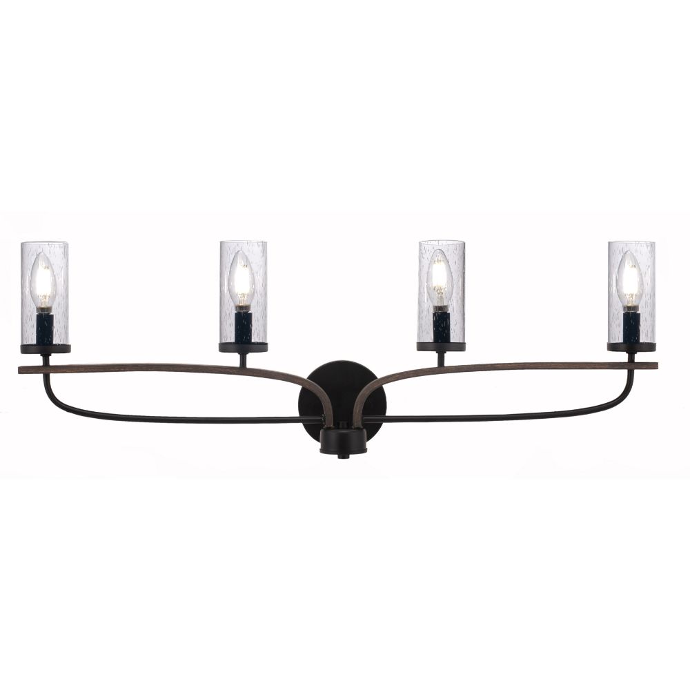 Toltec Lighting 2914-MBDW-800 Monterey 4 Light Bath Bar Shown In Matte Black & Painted Distressed Wood-look Metal Finish With 2.5” Clear Bubble Glass