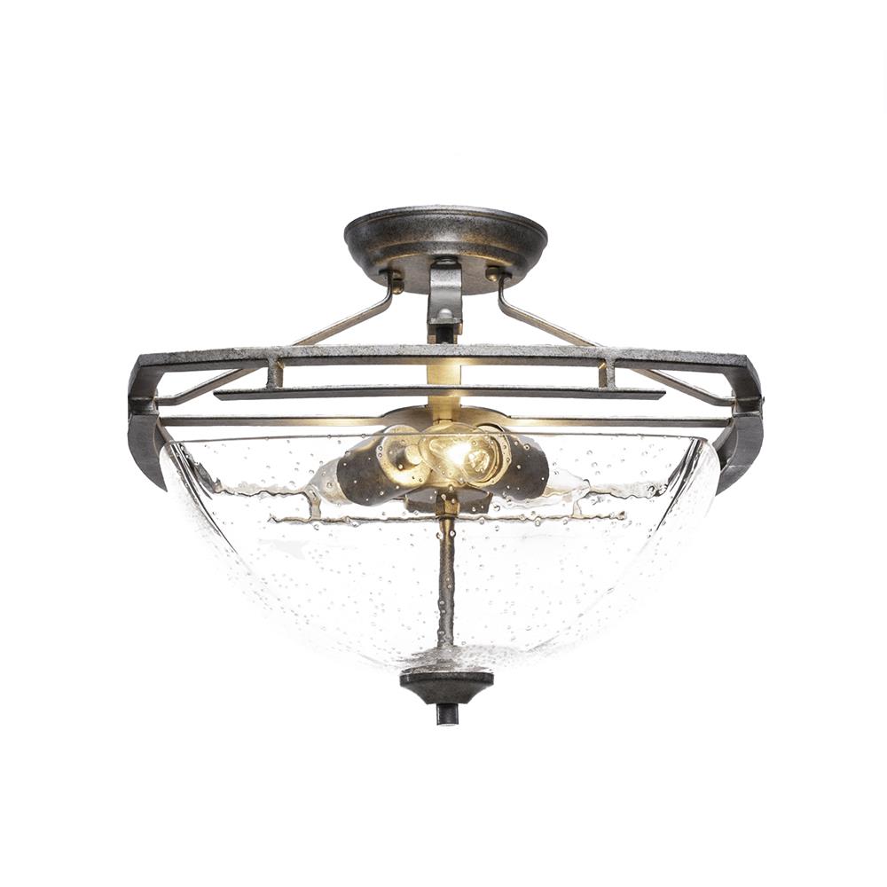 Toltec Lighting 321-AS-464 Uptowne Semi-Flush With 3 Bulbs Shown In Aged Silver Finish With 13.5" Clear Bubble Glass