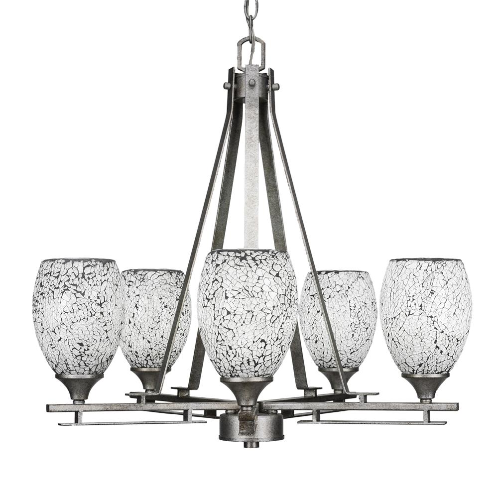 Toltec Lighting 325-AS-4165 Uptowne 5 Light Chandelier Shown In Aged Silver Finish With 5" Black Fusion Glass