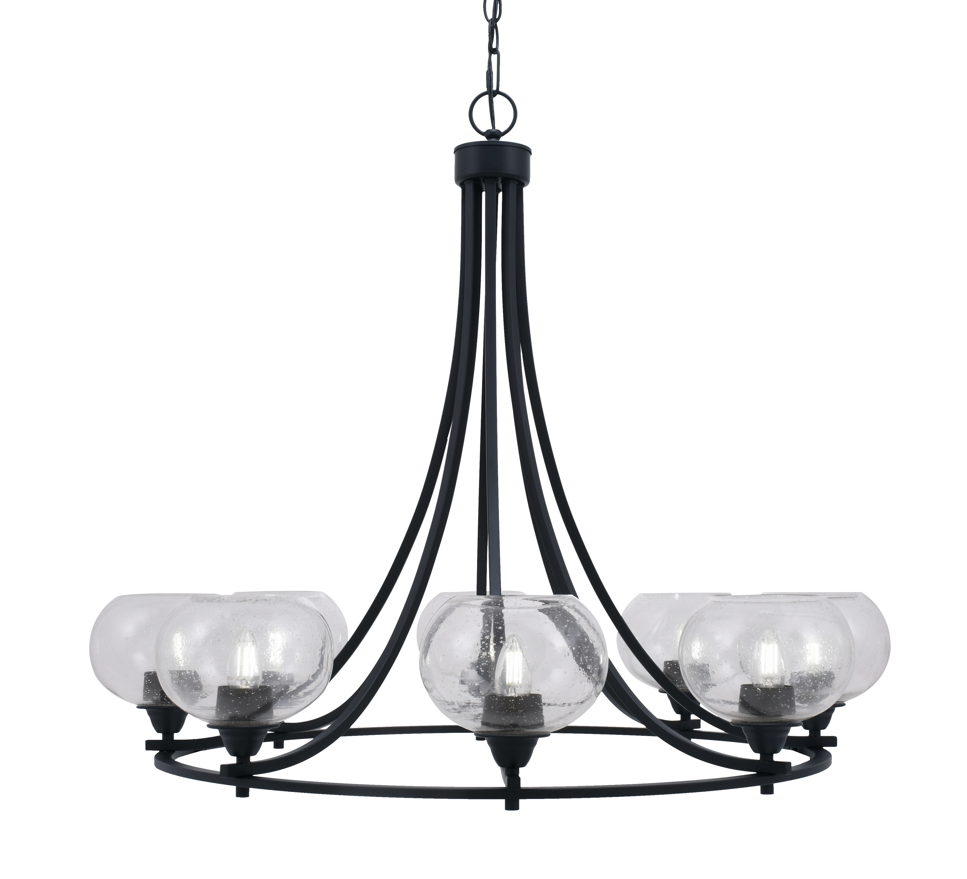 Toltec Lighting 3408-MB-202 Paramount Uplight, 8 Light, Chandelier In Matte Black Finish With 7" Clear Bubble Glass