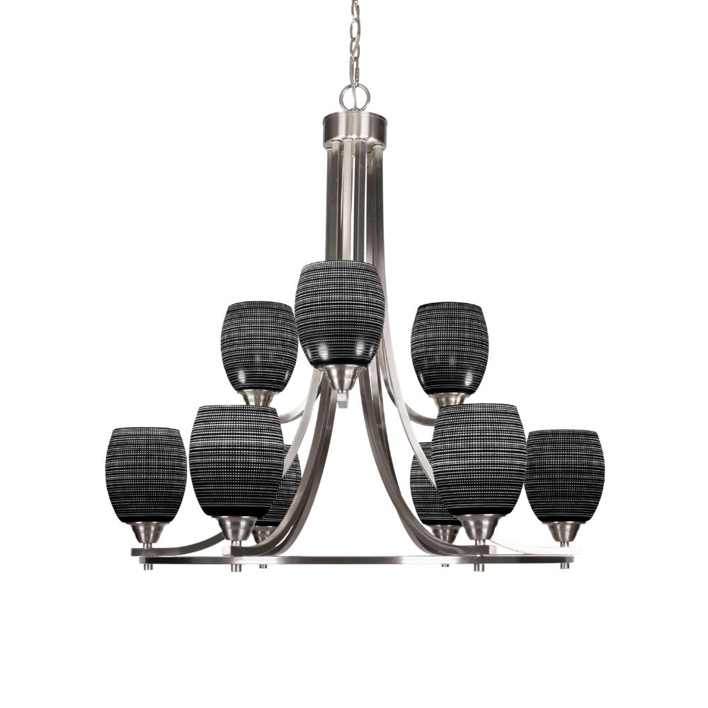 Toltec Lighting 3409-BN-4029 Paramount 9 Light Chandelier In Brushed Nickel Finish With 5" Black Matrix Glass