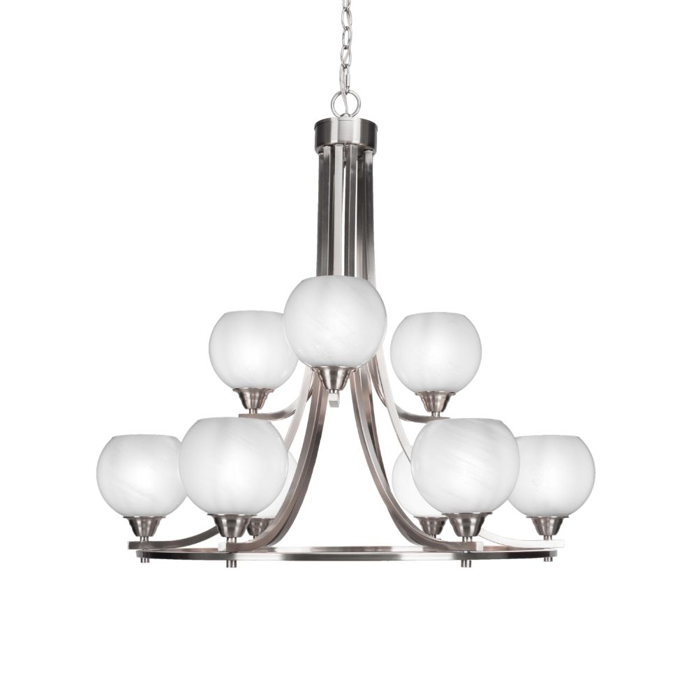 Toltec Lighting 3409-BN-4101 Paramount 9 Light Chandelier In Brushed Nickel Finish With 6" White Marble Glass