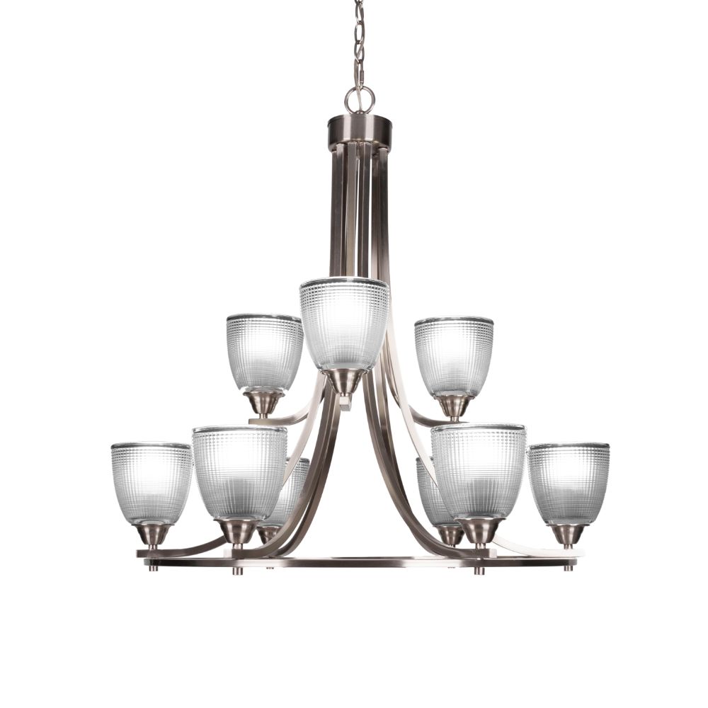 Toltec Lighting 3409-BN-500 Paramount 9 Light Chandelier In Brushed Nickel Finish With 5" Clear Ribbed Glass
