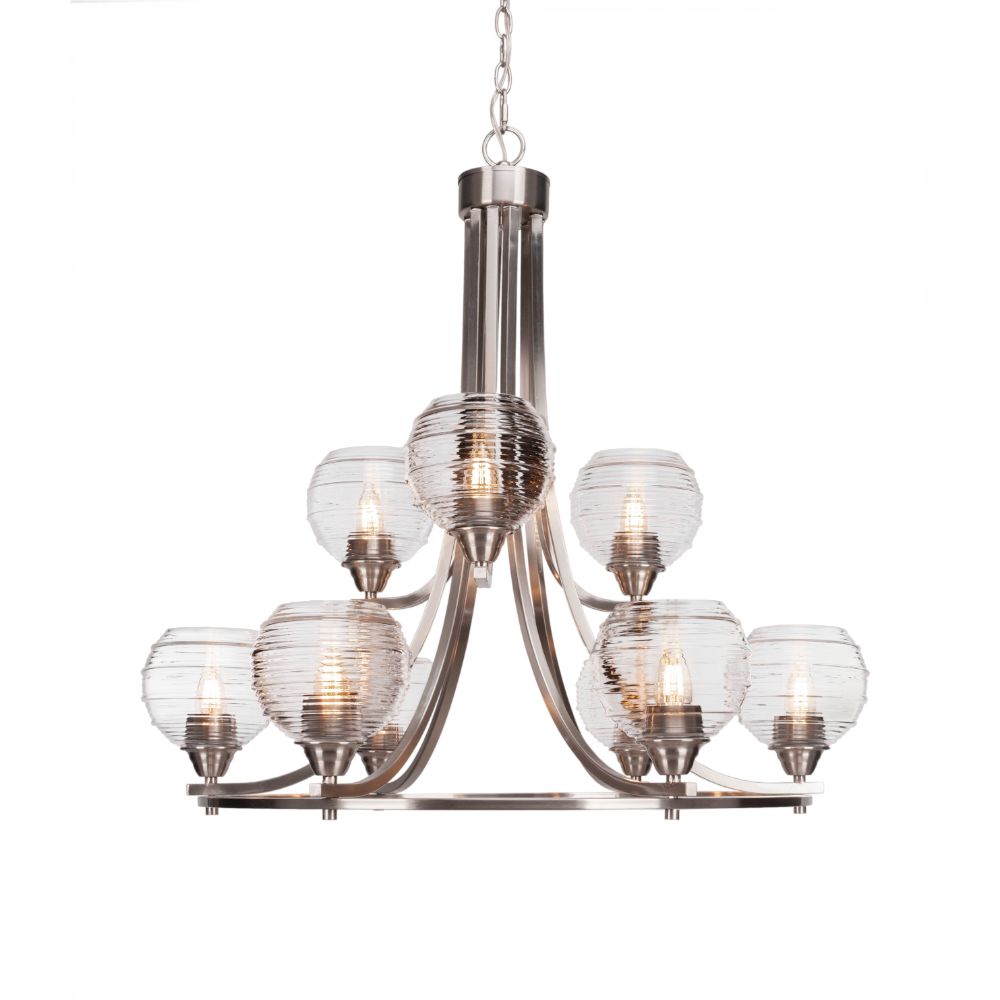 Toltec Lighting 3409-BN-5110 Paramount 9 Light Chandelier In Brushed Nickel Finish With 6" Clear Ribbed Glass