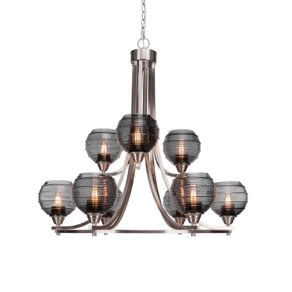 Toltec Lighting 3409-BN-5112 Paramount 9 Light Chandelier In Brushed Nickel Finish With 6" Smoke Ribbed Glass