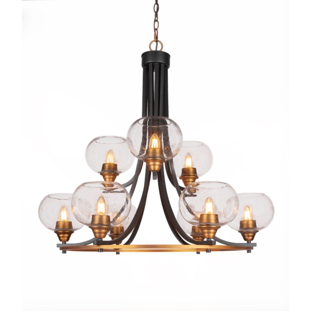 Toltec Lighting 3409-MBBR-202 Paramount 9 Light Chandelier In Matte Black & Matte Black & Brass Finish With 7" Clear Bubble Glass