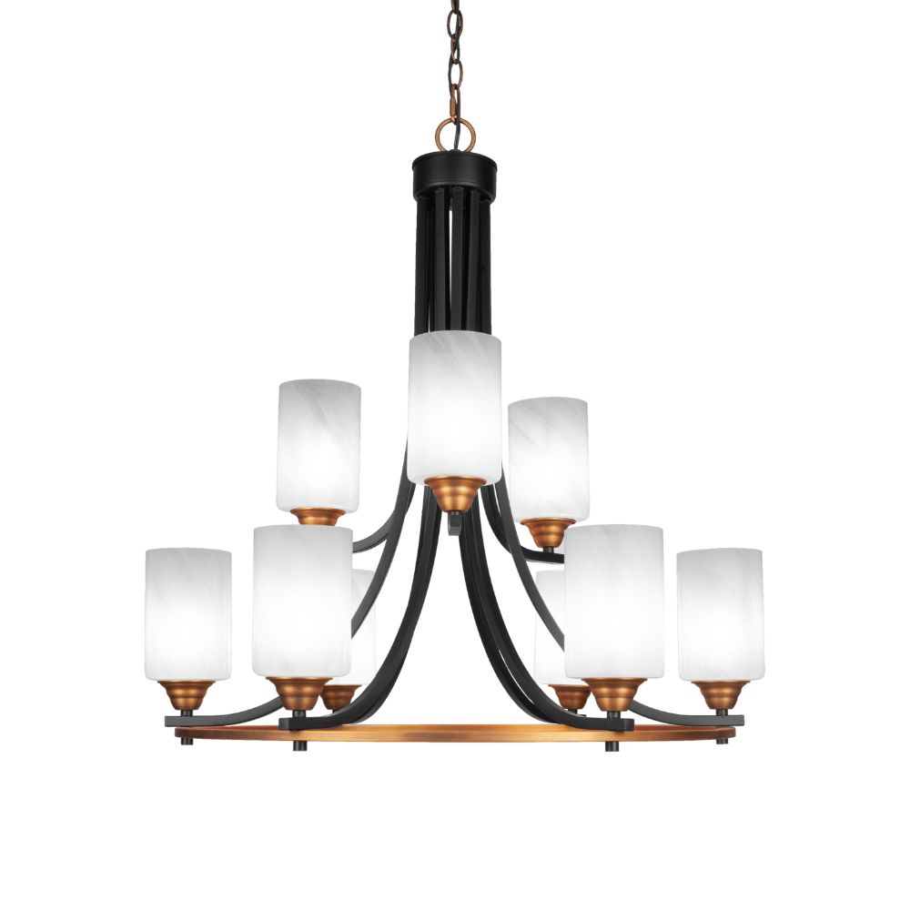 Toltec Lighting 3409-MBBR-3001 Paramount 9 Light Chandelier In Matte Black & Brass Finish With 4" White Marble Glass