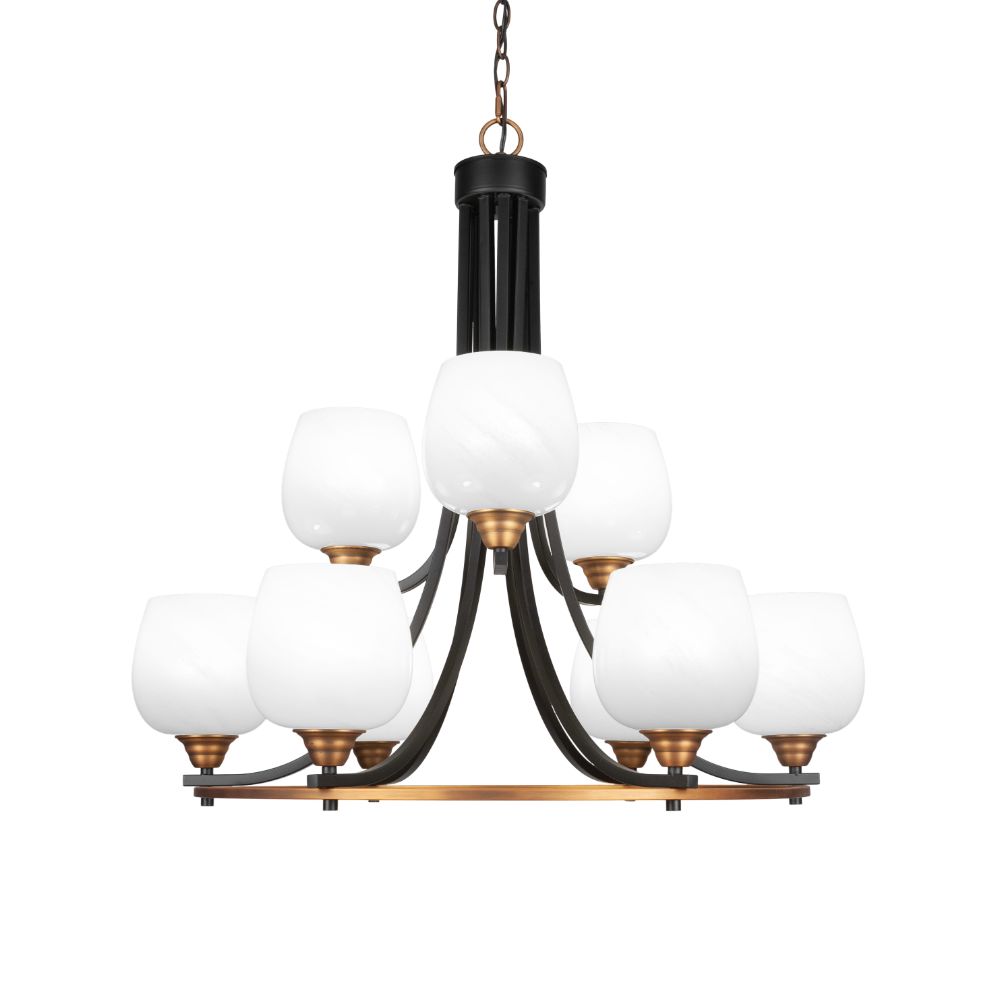 Toltec Lighting 3409-MBBR-4811 Paramount 9 Light Chandelier In Matte Black & Brass Finish With 6" White Marble Glass