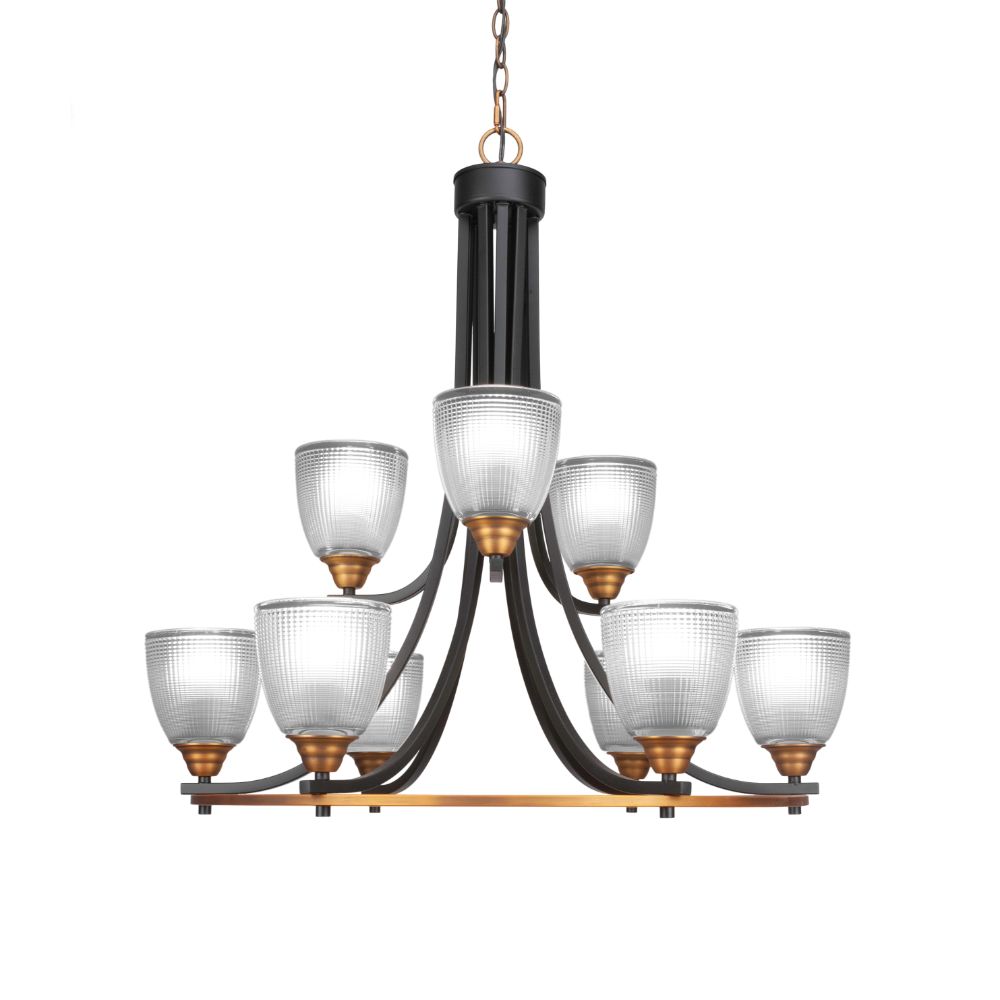 Toltec Lighting 3409-MBBR-500 Paramount 9 Light Chandelier In Matte Black & Brass Finish With 5" Clear Ribbed Glass