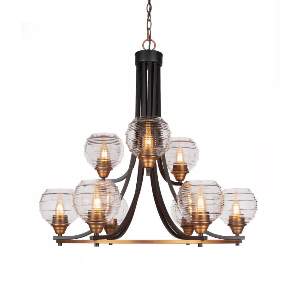 Toltec Lighting 3409-MBBR-5110 Paramount 9 Light Chandelier In Matte Black & Brass Finish With 6" Clear Ribbed Glass