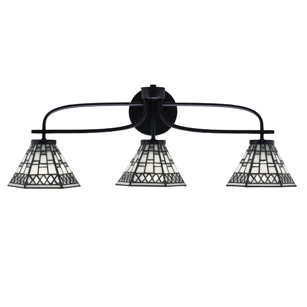 Toltec Lighting 3913-MB-9105 Cavella 3 Light Bath Bar Shown In Matte Black Finish With 7" Pewter Art Glass