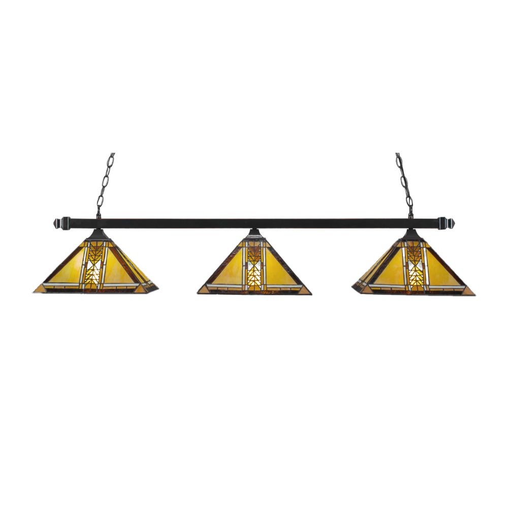 Toltec Lighting 403-BC-986 Square 3 Light Bar With Square Fitters in Black Copper Finish With 14" Santa Cruz Tiffany Glass