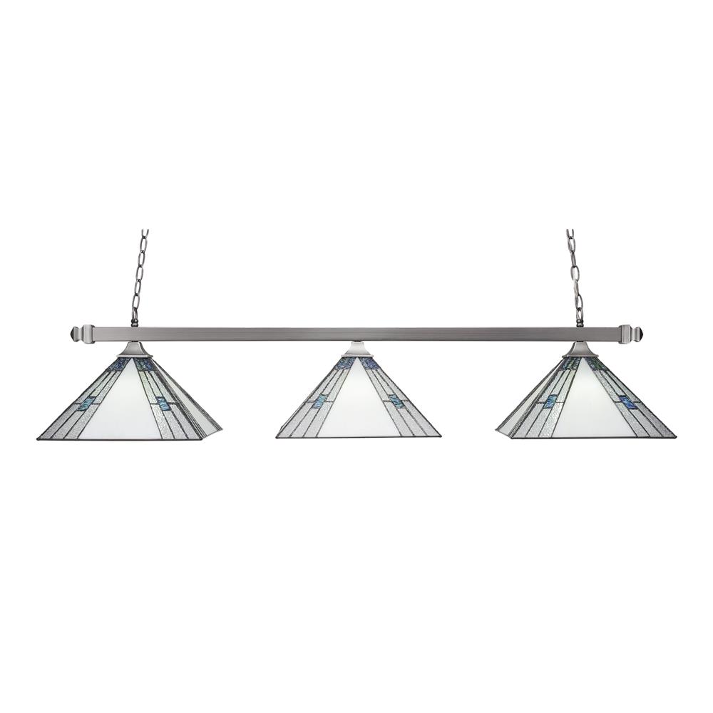 Toltec Lighting 403-BN-953 Square 3 Light Bar With Square Fitters With Square Fitters Shown In Brushed Nickel Finish With 14" Sky Ice Tiffany Glass