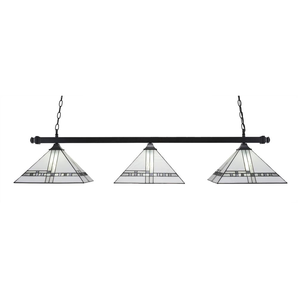 Toltec Lighting 403-MB-955 Square 3 Light Bar With Square Fitters Shown In Matte Black Finish With 14" New Deco Tiffany Glass