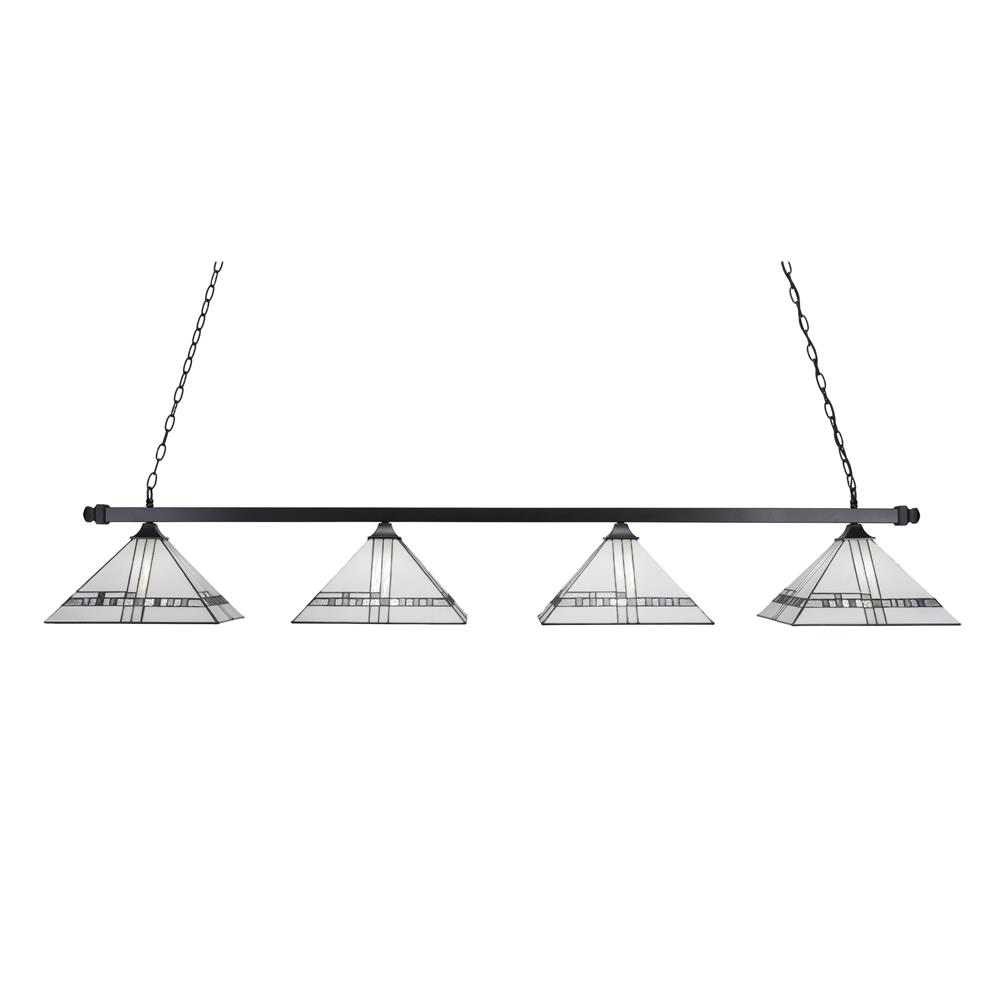 Toltec Lighting 404-MB-955 Square 4 Light Bar Shown In Matte Black Finish With 14" New Deco Art Glass