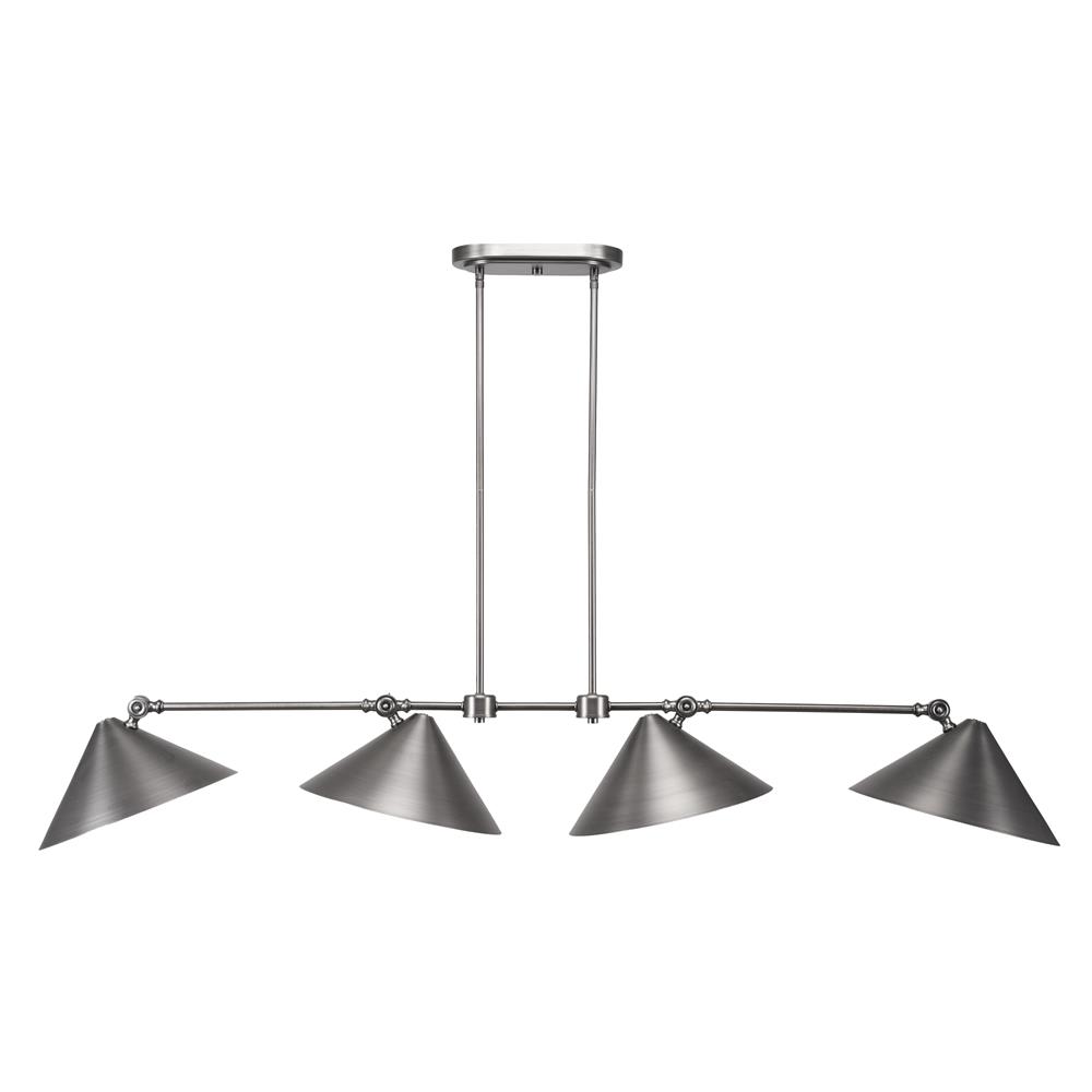 Toltec Lighting 4448-BN Tangent 4 Light Bar shown in Brushed Nickel finish with 12" Brushed Nickel Metal Shades painted Silver inside