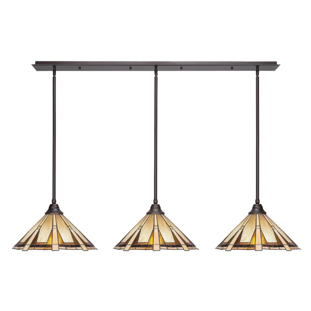 Toltec Lighting 3 Light Linear Pendalier With Hang Straight Swivels Shown In Dark Granite Finish With 16" Zion Art Glass