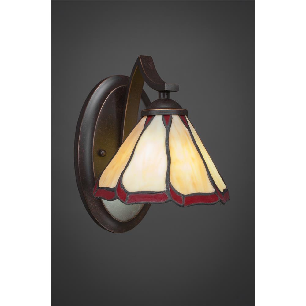 Toltec 551-DG-9165 Zilo Wall Sconce Shown In Bronze Finish With 7" Honey & Burgundy Flair Tiffany Glass