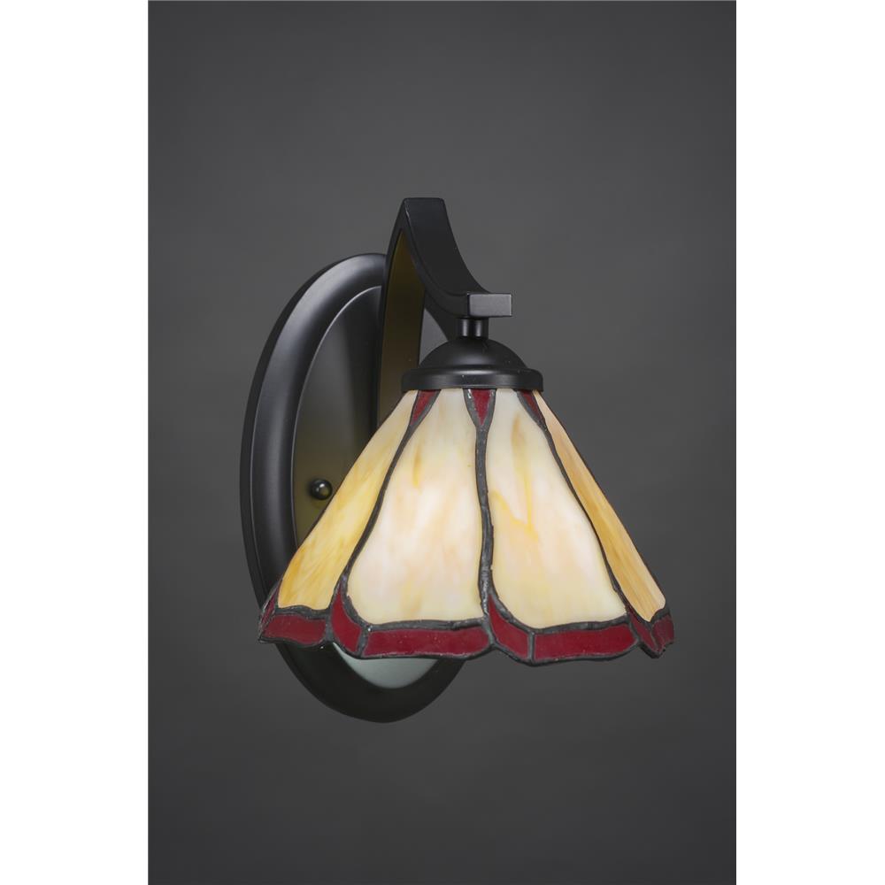 Toltec 551-MB-9165 Zilo Wall Sconce Shown In Matte Black Finish With 7" Honey & Burgundy Flair Tiffany Glass