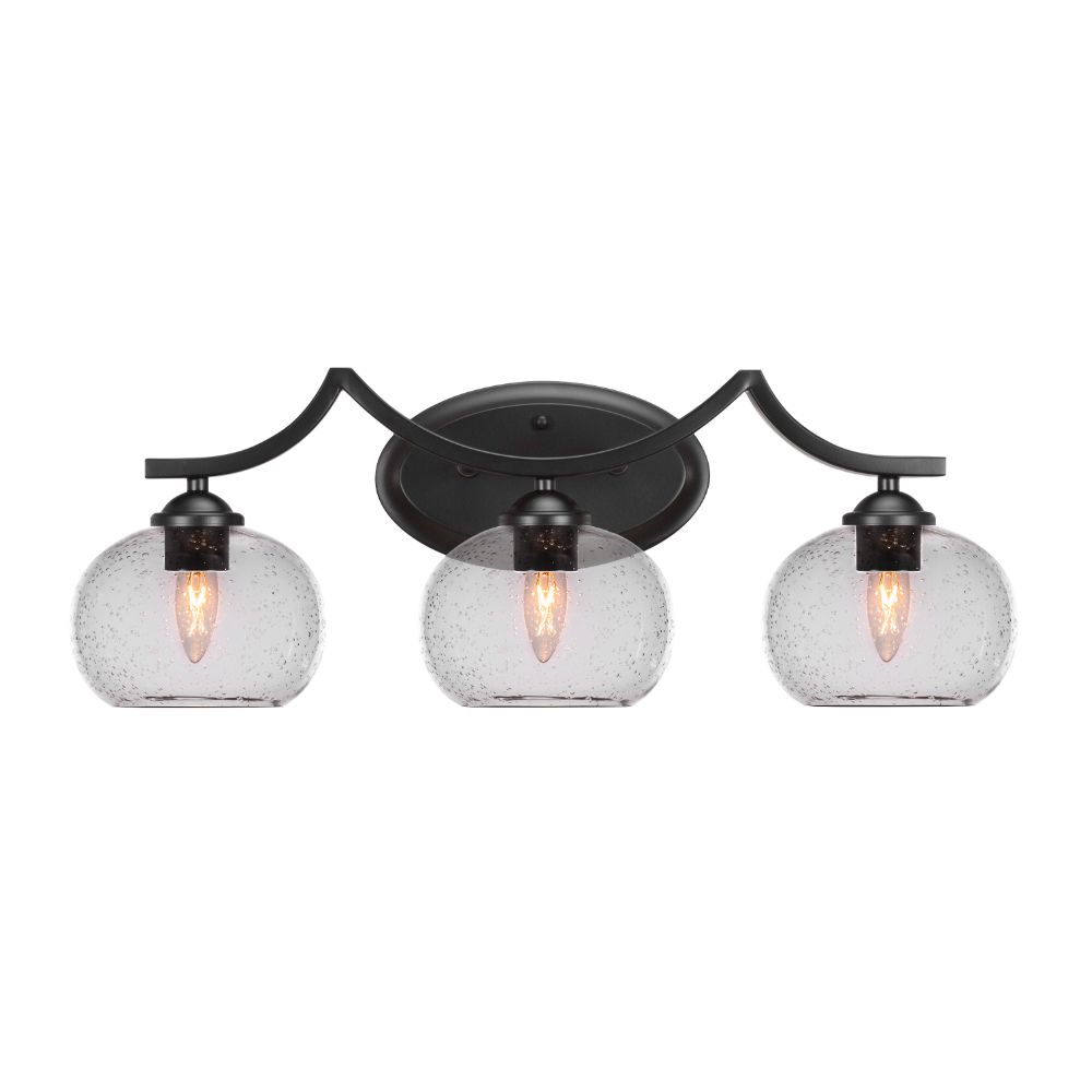 Toltec Lighting 553-MB-202 Zilo 3 Light Bath Bar Shown In Matte Black Finish With 7" Clear Bubble Glass
