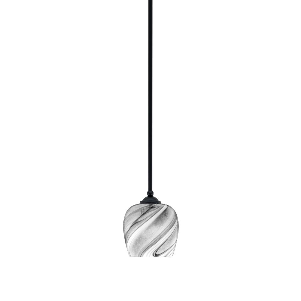 Toltec Lighting 560-MB-4819 Zilo Stem Mini Pendant Shown In Matte Black Finish With 6" Onyx Swirl Glass