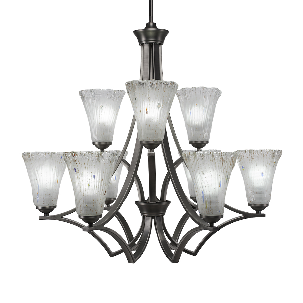 Toltec Lighting 569-GP-721 Zilo 9 Light Chandelier in Graphite Finish With 5.5" Fluted Frosted Crystal Glass