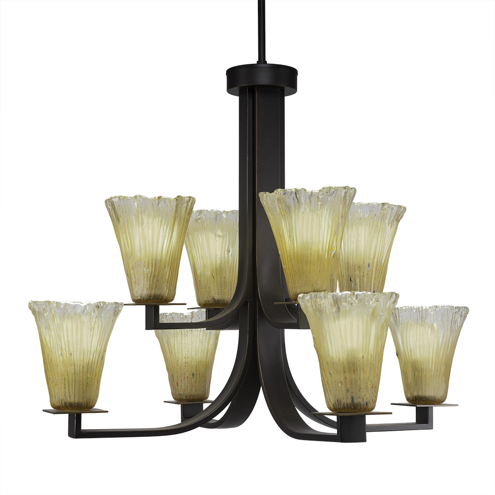 Toltec Lighting 578-DG-720 Apollo 8 Light Chandelier With Hang Straight Swivel Shown In Dark Granite Finish With 5.5" Fluted Amber Crystal Glass