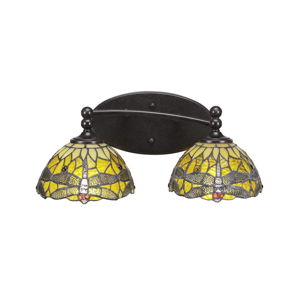 Toltec Lighting 592-DG-9465 Capri 2 Light Bath Bar Shown In Dark Granite Finish With 7" Amber Dragonfly Tiffany Glass