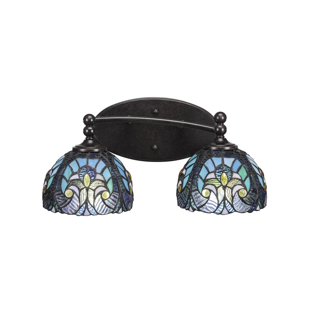 Toltec Lighting 592-DG-9925 Capri 2 Light Bath Bar Shown In Dark Granite Finish With 7" Turquoise Cypress Tiffany Glass