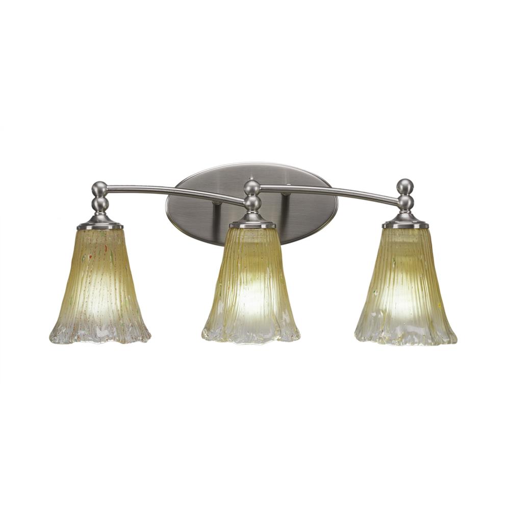 Toltec Lighting 593-BN-720 Capri 3 Light Bath Bar Shown In Brushed Nickel Finish With 5.5" Fluted Amber Crystal Glass