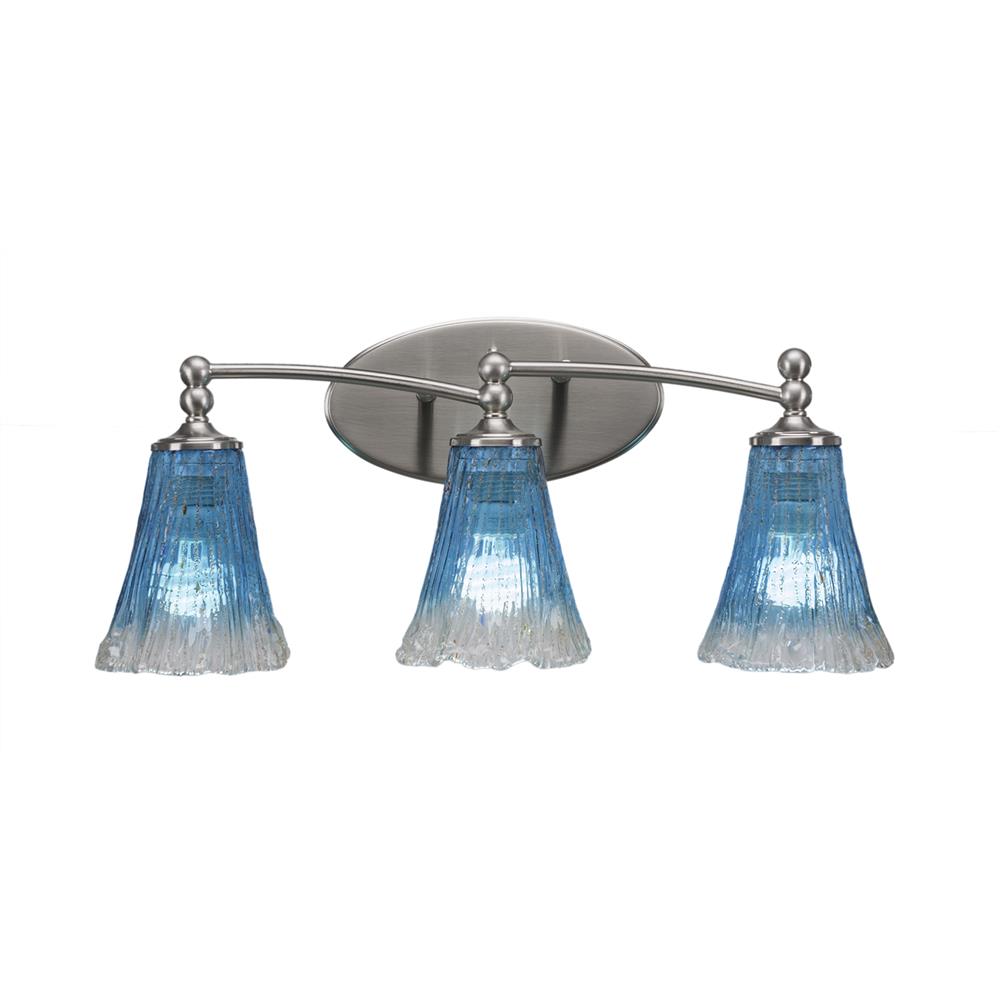 Toltec Lighting 593-BN-725 Capri 3 Light Bath Bar Shown In Brushed Nickel Finish With 5.5" Fluted Teal Crystal Glass