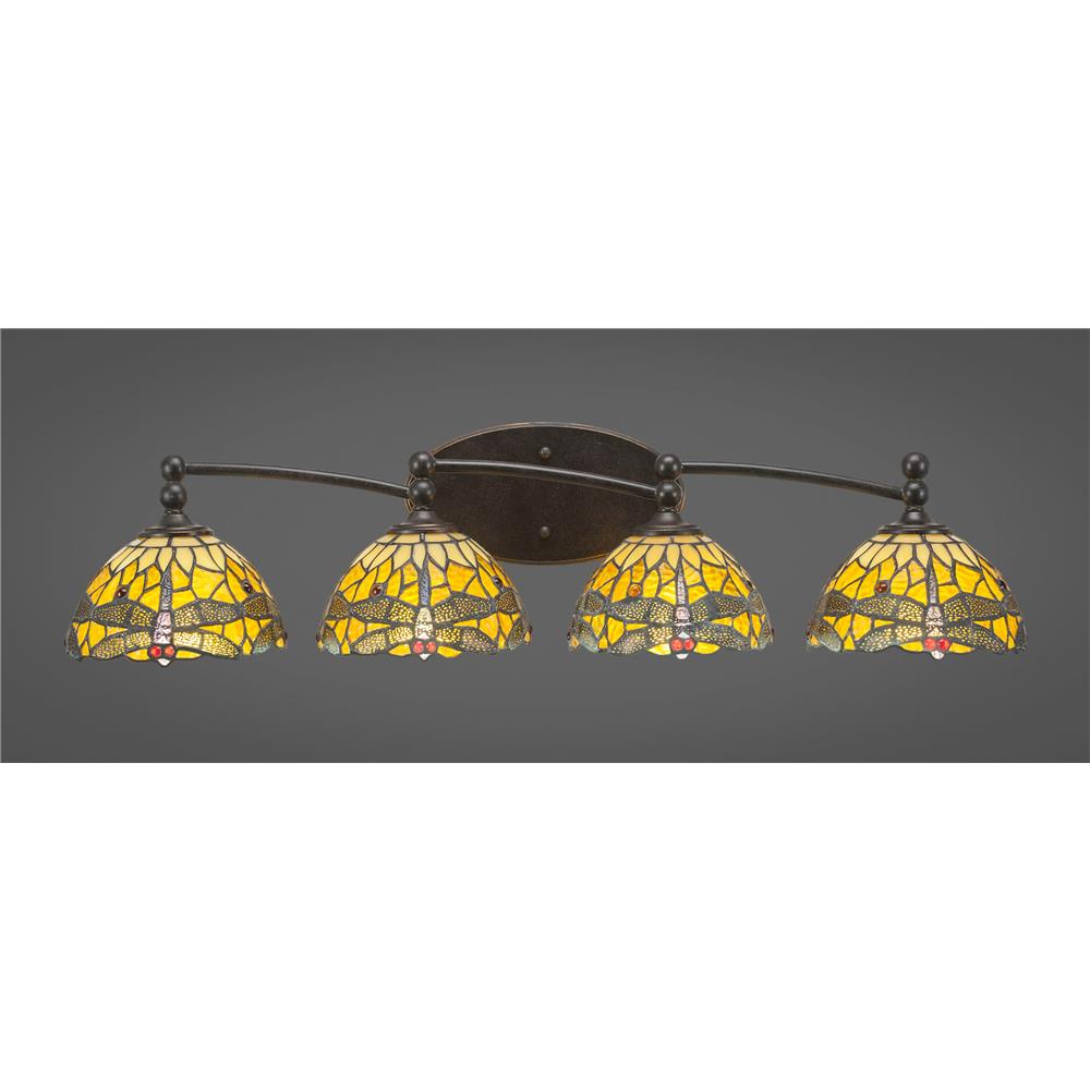 Toltec 594-DG-9465 Capri 4 Light Bath Bar Shown In Dark Granite Finish With 7" Amber Dragonfly Tiffany Glass