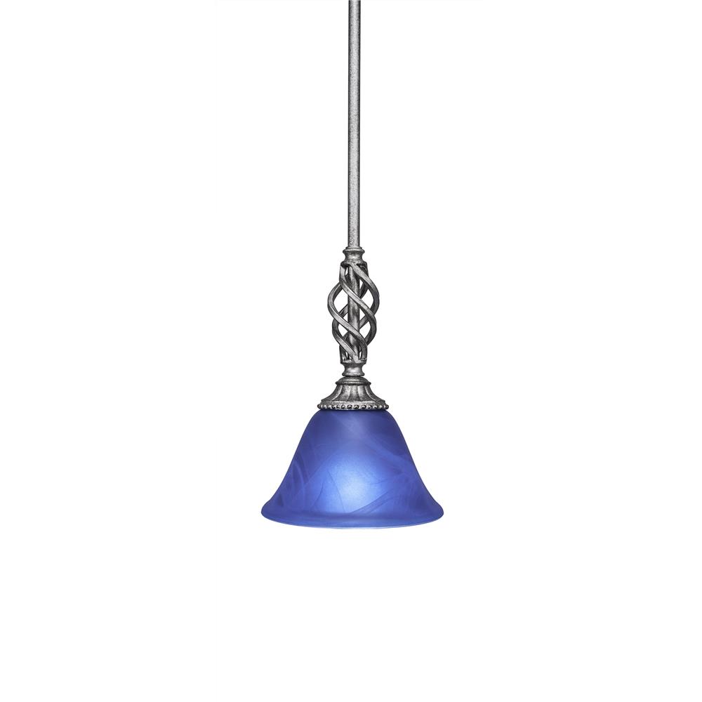 Toltec Lighting 80-AS-4155 Eleganté Mini Pendant With Hang Straight Swivel Shown In Aged Silver Finish With 7" Blue Italian Glass