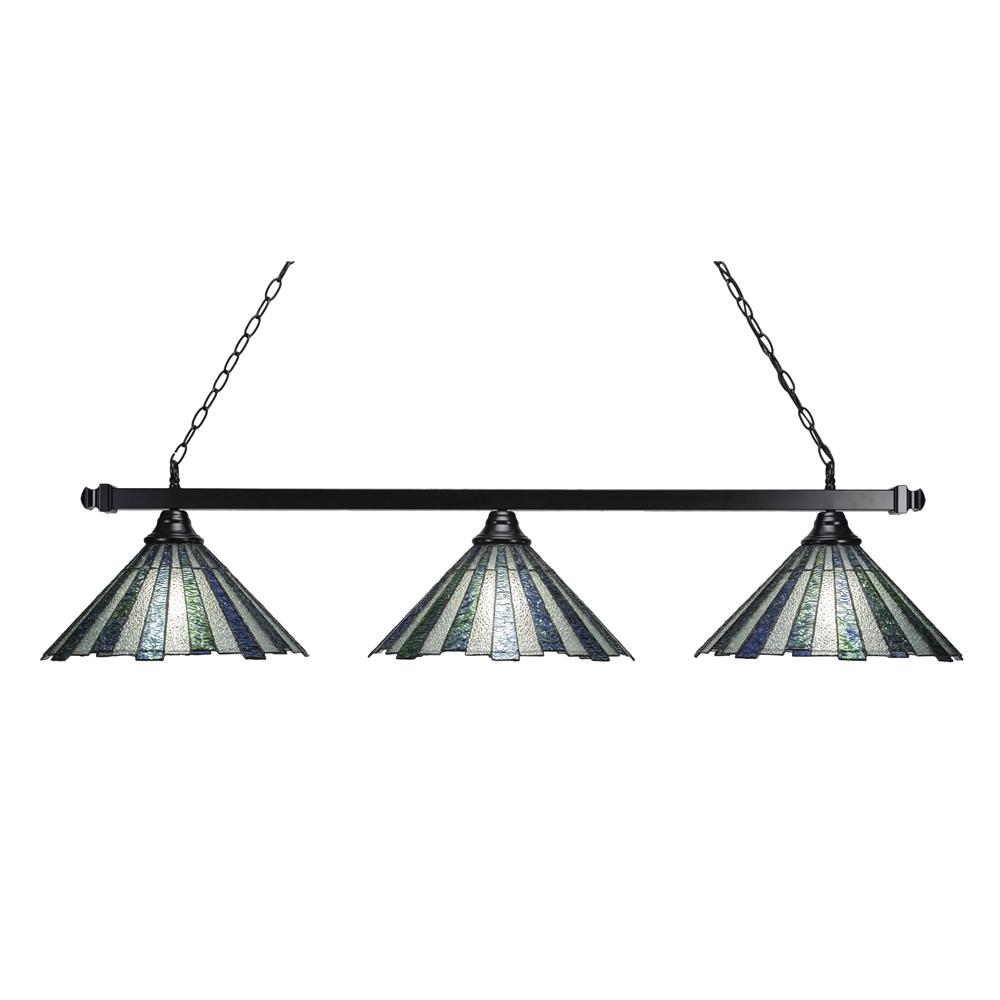Toltec Lighting 803-MB-932 Square 3 Light Bar Shown In Matte Black Finish With 16" Sea Ice Art Glass
