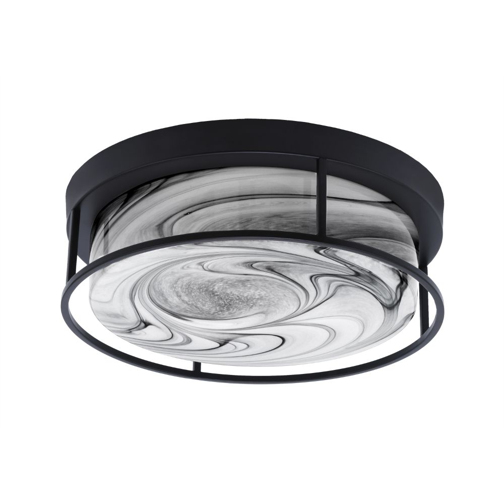 Toltec Lighting 852-MB-9 12" Flush Mount, 2-Bulb Shown In Matte Black Finish With Onyx Swirl Glass