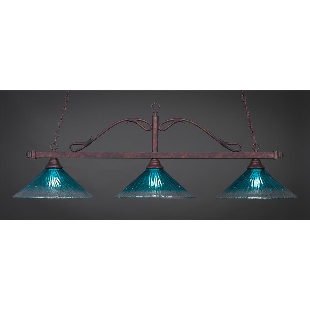 Toltec Lighting 823-BRZ-715 Scroll 3 Light Billiard Light Shown In Bronze Finish With 16 in. Teal Crystal Glass
