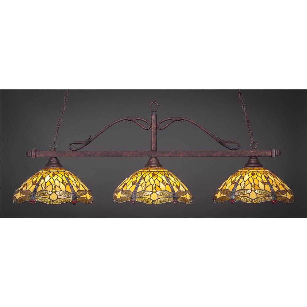 Toltec Lighting 823-BRZ-946 Scroll 3 Light Billiard Light Shown In Bronze Finish With 16 in. Amber Dragonfly Tiffany Glass 