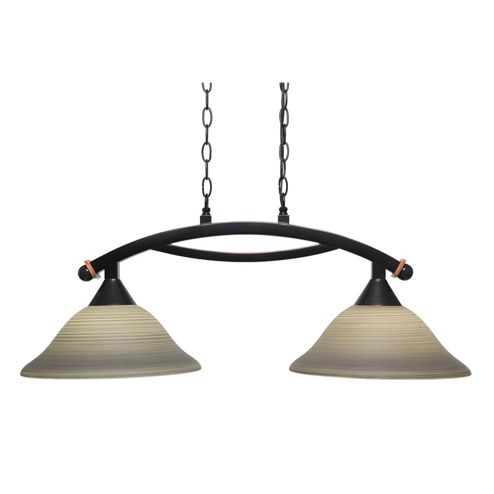 Toltec Lighting 872-BC-604 Bow 2 Light Island Light Shown In Black Copper Finish With 12" Gray Linen Glass