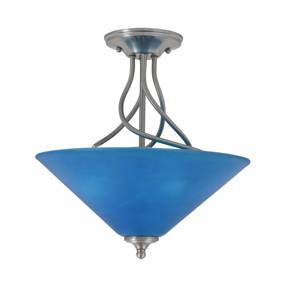Toltec Lighting 909-BN-415 Capri 3 Bulb Semi-Flush Shown In Brushed Nickel Finish With 16" Blue Italian Glass