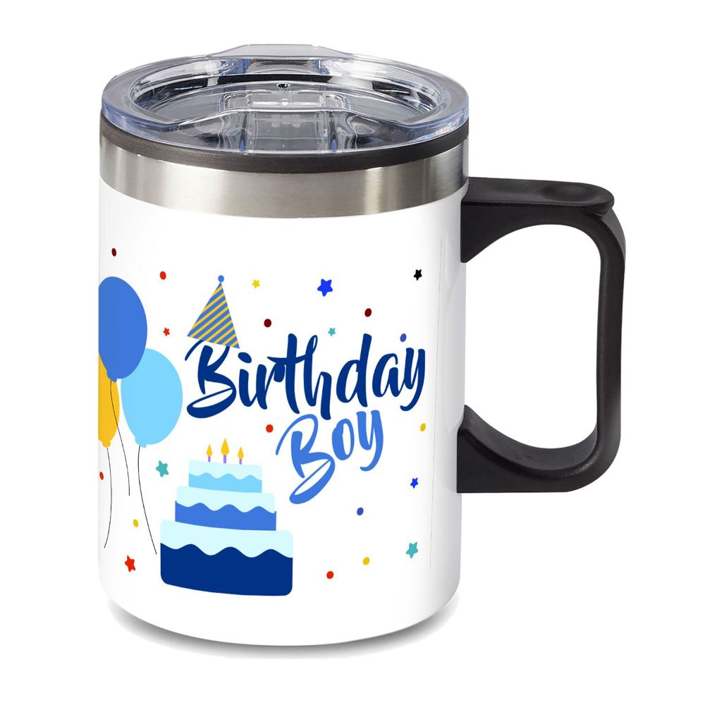 14 oz. Travel Mug with lid, quoting "BIRTHDAY BOY"