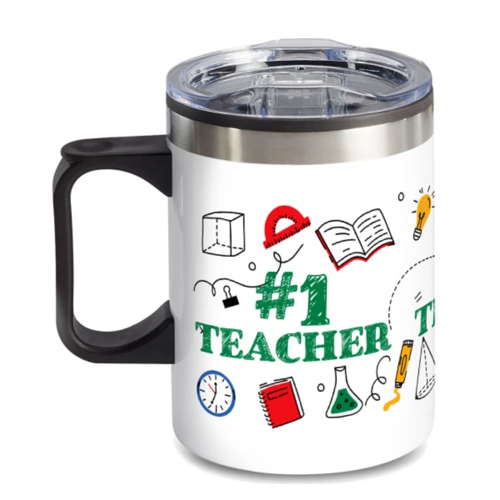 14 oz. Travel Mug with lid, quoting "#1 Teacher"