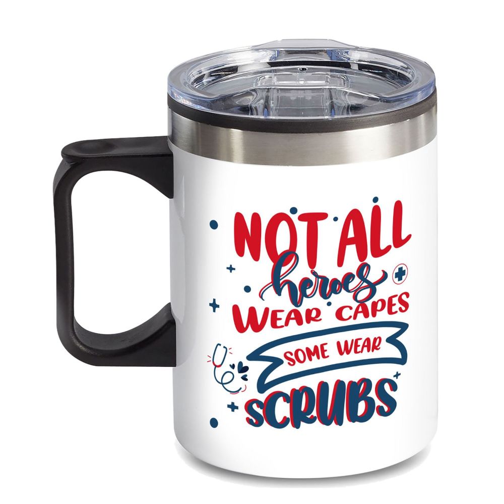 14 oz. Travel Mug with lid, quoting "NURSING HEROES"